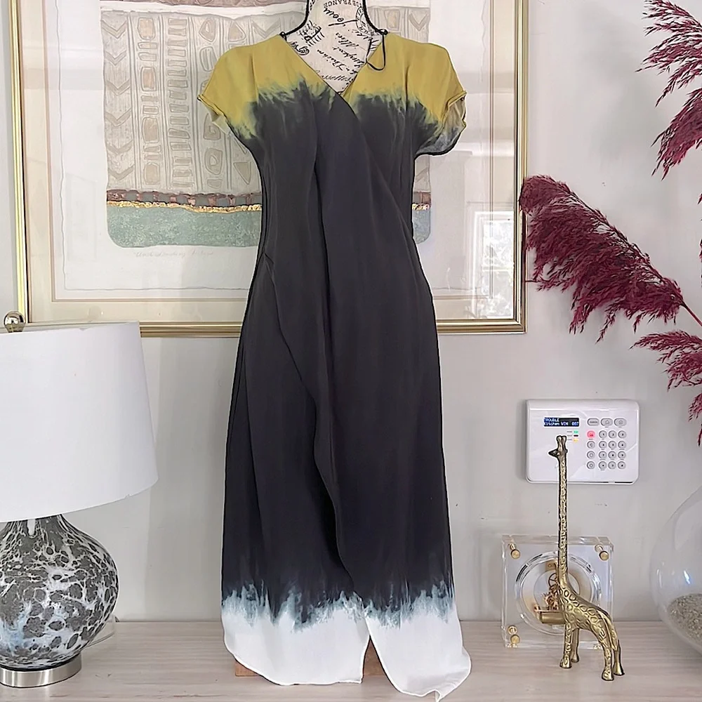 ZARA Ombre Tie Dye Wrap Midi Dress Asymmetrical Hem Yellow Navy - Picture 1 of 6